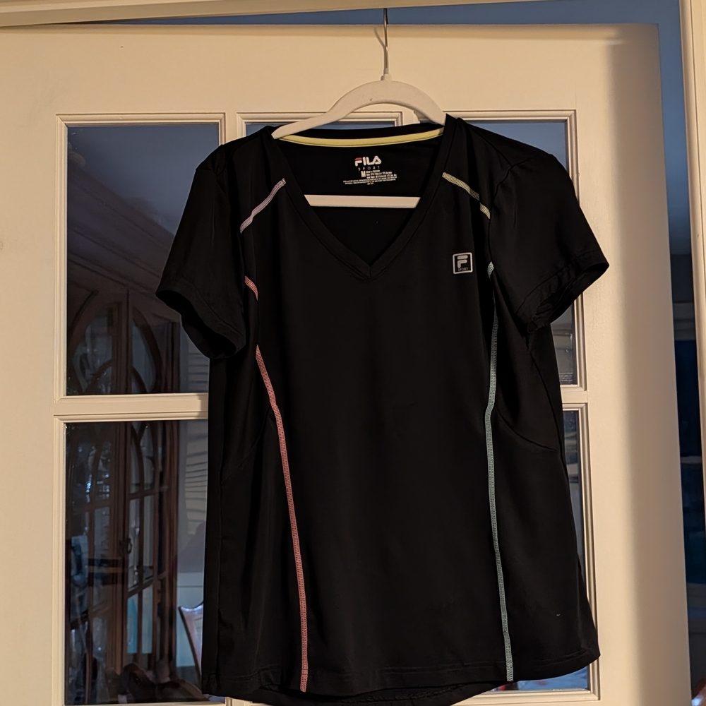 FILA Black Athletic V-Neck Performance Tee w Pastel Stripe Accents